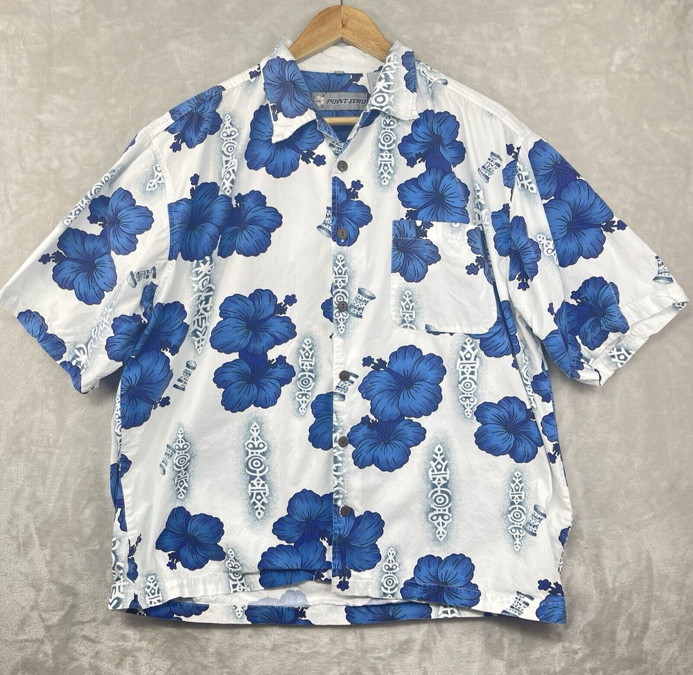 Point Zero Vintage 90's Men's Large Blue Hibiscus Shirt Surf Grunge Skatercore